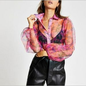 Pink floral ballon sleeve organza shirt